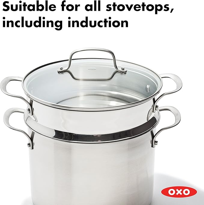 OXO Stainless Steel 8.4QT Multipurpose Boiler Pot with Steamer Insert & Glass Lid, Stockpot for Simmering, Boiling, Steaming, Stew, Soup, Pasta, Induction Suitable, Dishwasher Safe, Stainless Steel