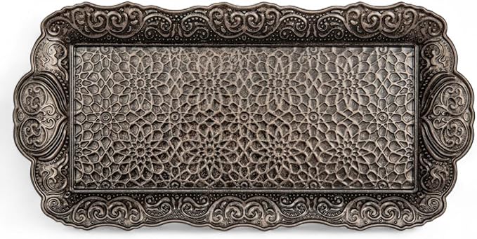 Alisveristime Small Ornate Metal Serving Tray – Ottoman Motif Decorative Tray (14.2" x 7.1", 10.8 oz) (Black)