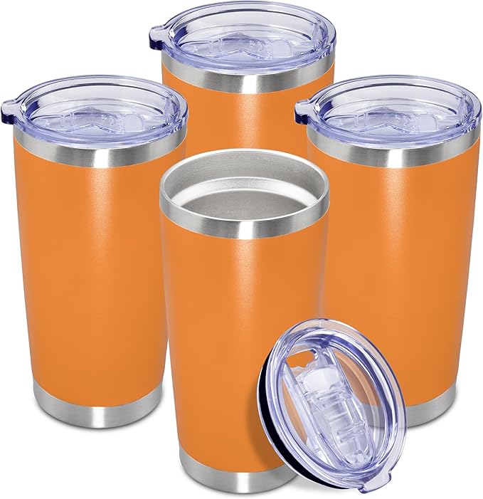 20 oz Tumbler Coffee Tavel Tumblers Bulk with Lid Stainless Steel Double Wall Vacuum Insulated Mug Powder Coated Cups fit Car Cupholder for Hot and Cold - Orange, 4Pack