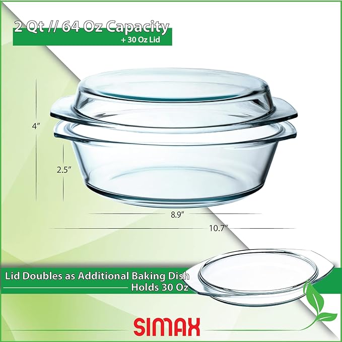Simax Casserole Dish with Lid, 2 Quart Round Glass Casserole Dishes for Oven with Lid and Handles, Baking Dishes for Oven, Covered Bowl for Cooking, Baking, Serving, Microwave, Dishwasher, and Oven Safe Cookware