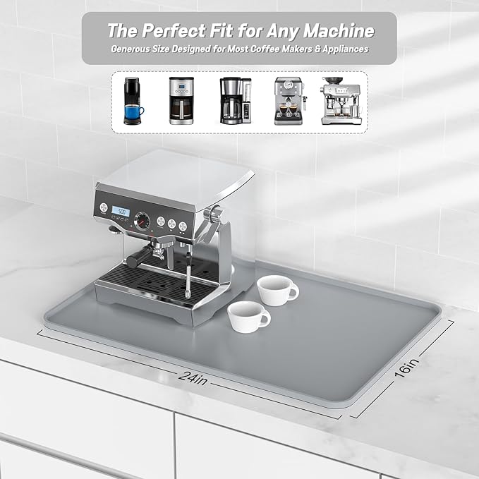 Silicone Coffee Mat,24"×16" Waterproof Heat Resistant Bar Mat for Espresso Machine Station Accessories,Non Slip Dish Drying Mat for Kitchen Counter,Home Decor Essentials,Grey