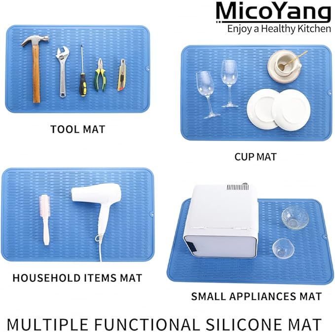 Silicone Dish Drying Mat for Multiple Usage,Easy clean,Eco-friendly,Heat-resistant Silicone Mat for Kitchen Counter or Sink,Refrigerator or Drawer Liner Lichen BlueL 3XL 28 inches x 18 inches