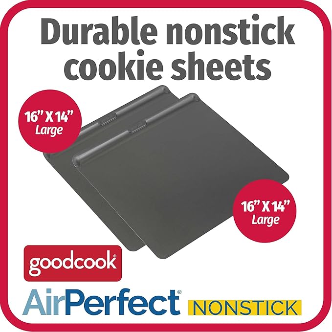 GoodCook AirPerfect 16" x 14" Nonstick Steel Insulated Cookie Sheets, No-Burn Baking Sheets with Large Handles, Set of 2, Gray