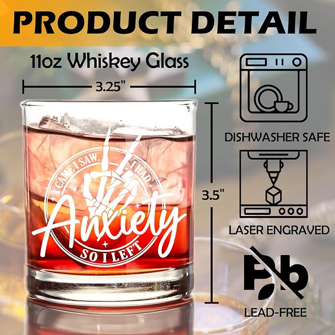 kunlisa Funny Anxiety Mental Health Whiskey Glasses, Anxiety Relief Gifts, Sarcastic Gothic Skeleton Psychology 10 oz Drinking Rocks Glasses for Women Men Whisky Cocktail Scotch Bourbon Liquor