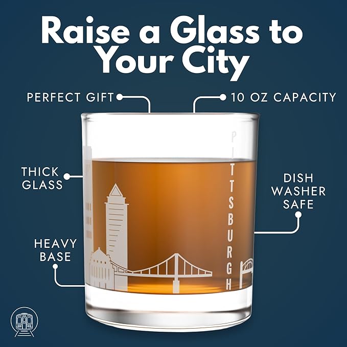 Greenline Goods – Pittsburgh, PA Skyline Whiskey Glasses (Set of 2), 10 oz – Rocks/Old Fashioned Tumblers