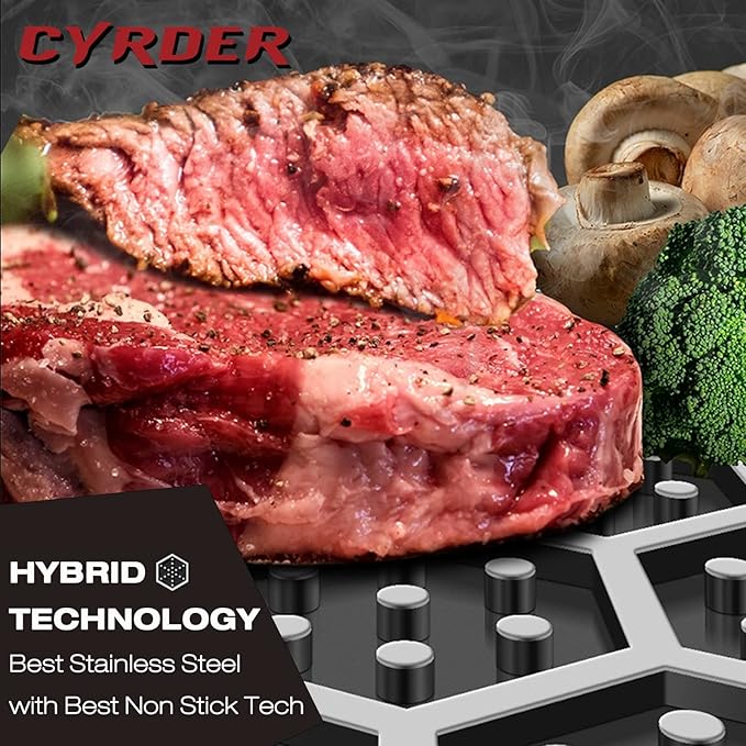 Hybrid 14.5Inch 316 Stainless Steel Pan, PFOA Free Non-Stick Wok, Dishwasher Oven Safe, Stay Cool Handle Skillet, Works with Induction Cooktop/Ceramic/Gas/Electric Stove