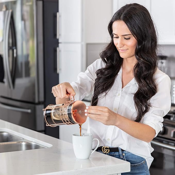 French Press and Tea Maker - 1000ml Coffee Maker Press - Premium Coffee Press with Rose Gold Finish - Thick Glass and Stainless Steel Coffee Brewer - French Press Coffee Maker for Tea, Latte, Expresso