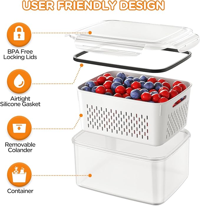 8-Pack Fruit Storage Containers for Fridge, Leakproof Fruit Containers for Fridge with Colanders, BPA-Free Produce Storage Containers with Lids Keep Fruits, Vegetables, Berry, Meat Fresh longer