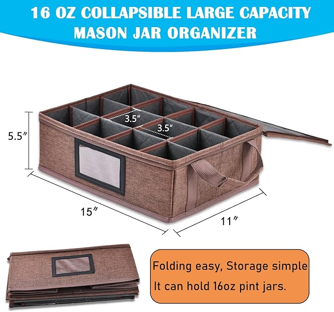16 oz Mason Jar Storage Containers - Sturdy Canning Jar Storage Boxes Organizer, Foldable Carrier Bag with Handles and Dividers, Holds 12 Pint Mason Jars, Home Canning Supplies (Pint)