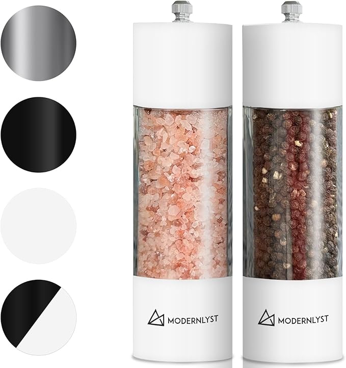 Manual Salt and Pepper Grinder Set of 2 | Large Round Shakers | 7.5 Inch Stainless Steel Refillable Grinders (White)