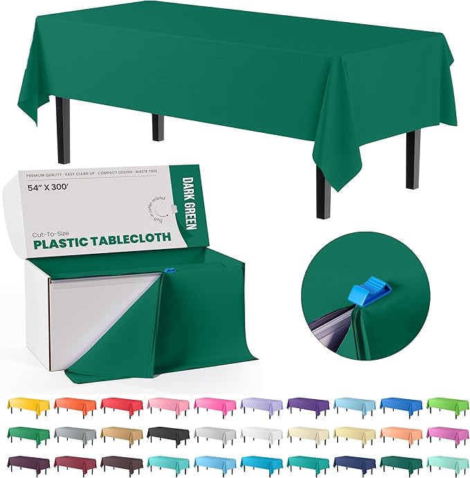 Exquisite Party Solids 54 Inch X 300 Feet Dark Green Plastic Table Cover Roll in A Cut - to - Size Box with Convenient Slide Cutter. Cuts Up to 36 Rectangle 8 Feet Plastic Disposable Tablecloths