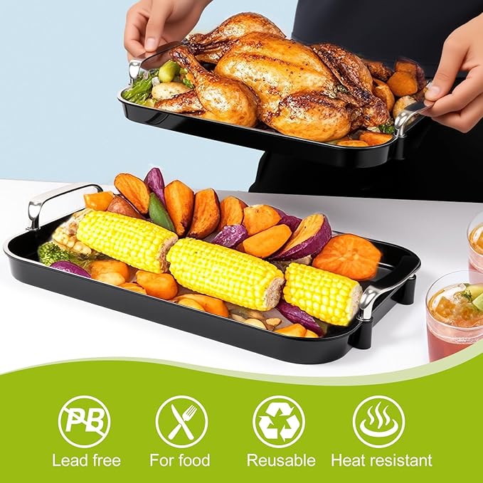 3 Pack Serving Tray with Handles, Stackable Reusable Trays for Serving Food, Plastic Serving Platters for Party, Charcuterie, Fruit, Appetizer, Black Silver