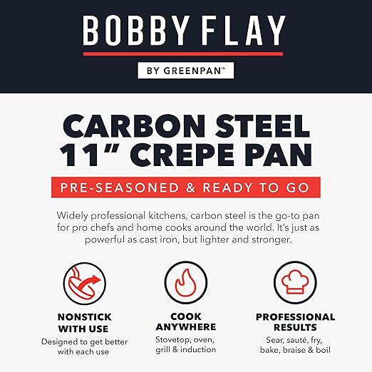 GreenPan x Bobby Flay 11" Carbon Steel Crepe Pan, Pre-Seasoned, Nontoxic, PFAS-Free, Induction Compatible, Pancake & Omelet Flat Griddle, High-Heat & Oven Safe Cookware, Cast Iron Alternative
