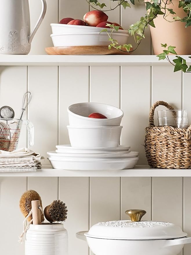 LE TAUCI 16-Piece Ceramic Dinnerware Set with Pasta Bowls (30 oz), Service for 4 – White Farmhouse Plates & Dishes (10" Dinner, 8" Salad, 6" Bowls, 8.5" Pasta) for Housewarming, Wedding Registry Gift