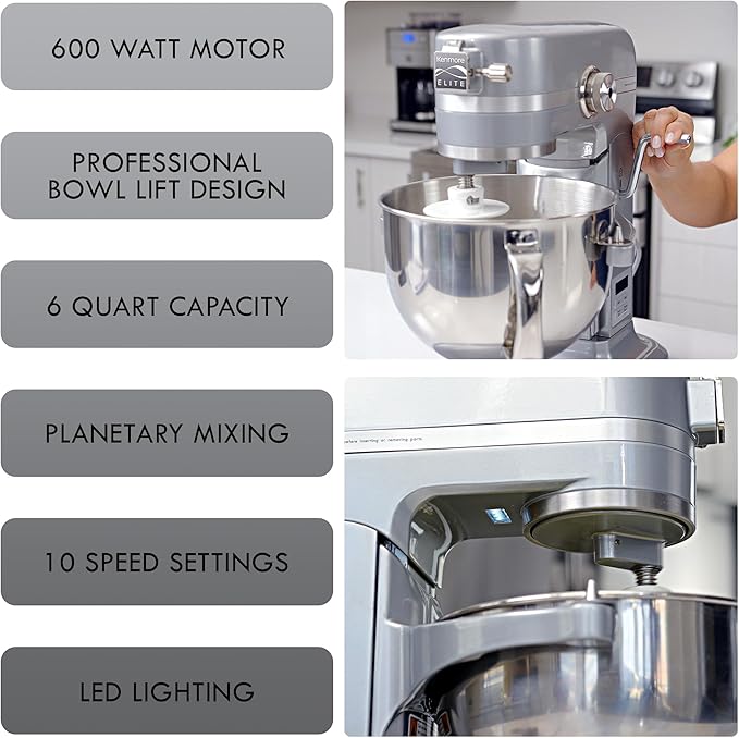 Kenmore Elite 600W Bowl Lift Stand Mixer - Digital 10 Speed Mixing, Electric, Countertop, Heavy Duty, Kitchen Appliance, 5 & 6 Qt Stainless Steel Bowls With Flat Beater, Whisk, Dough Hook Attachments