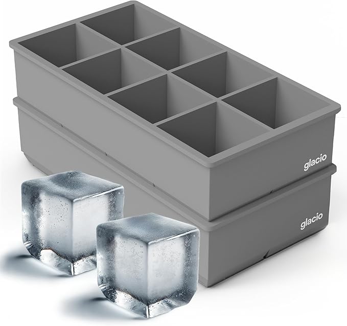 glacio Ice Cube Molds – 2-Pack Silicone Trays for 8 Large Square Cubes – Slow-Melt Ice for Whiskey, Cocktails, Coffee & More