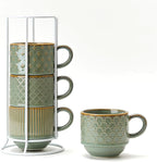 JIEMEI HOME Large Ceramic Coffee Mug Set of 4 with Stand, 15 Oz Stackable Embossment Ribbed Latte Cup Set for Cappuccino, Latte, Tea, Hot Cocoa, Drinks - Dishwasher & Microwave Safe, Vintage Turquoise