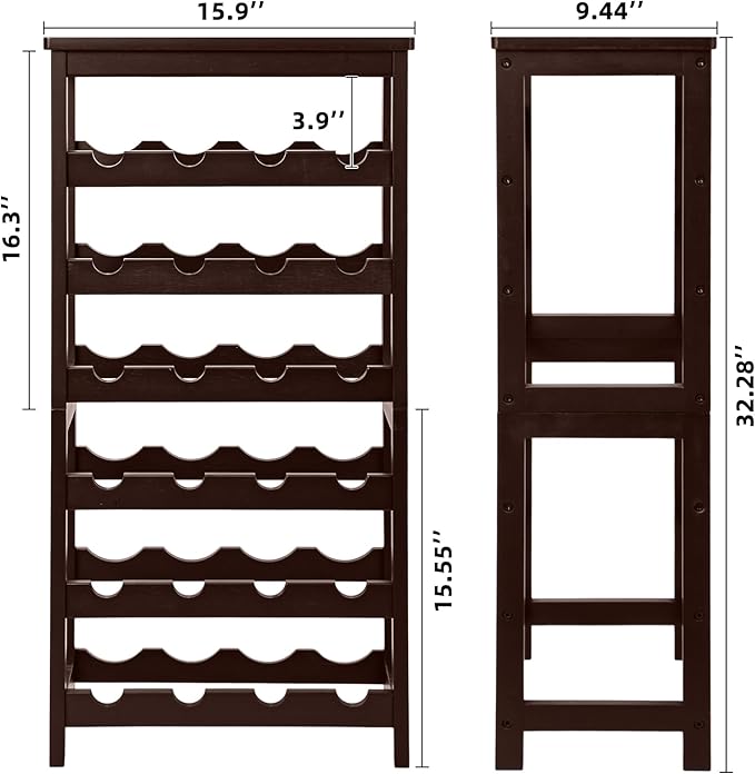 VASMIA Wine Rack Free Standing Floor, 6-Tier Display Wine Storage Shelves with Table Top, 24-Bottle Bamboo Wine Rack Shelf for Kitchen Bar Dining Room Living Room, Brown