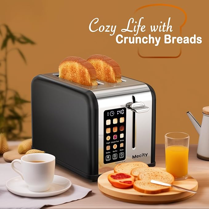 Mecity 2 Slice Touch Screen Toaster, 1.5" Wide Slot, Stainless Steel Smart Toaster for Bagels, Muffins, Waffles, Gluten-Free Breads, Defrost, Reheat, Timer, 120V 825W, Matt Black