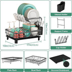 MOUKABAL Dish Drying Rack, 2 Tier Dish Rack, Large Dish Racks for Kitchen Counter, Dish Drainer with Removable Utensil Holder, Drainboard (Grey)