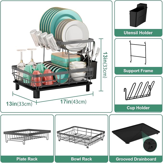 MOUKABAL Dish Drying Rack, 2 Tier Dish Rack, Large Dish Racks for Kitchen Counter, Dish Drainer with Removable Utensil Holder, Drainboard (Grey)