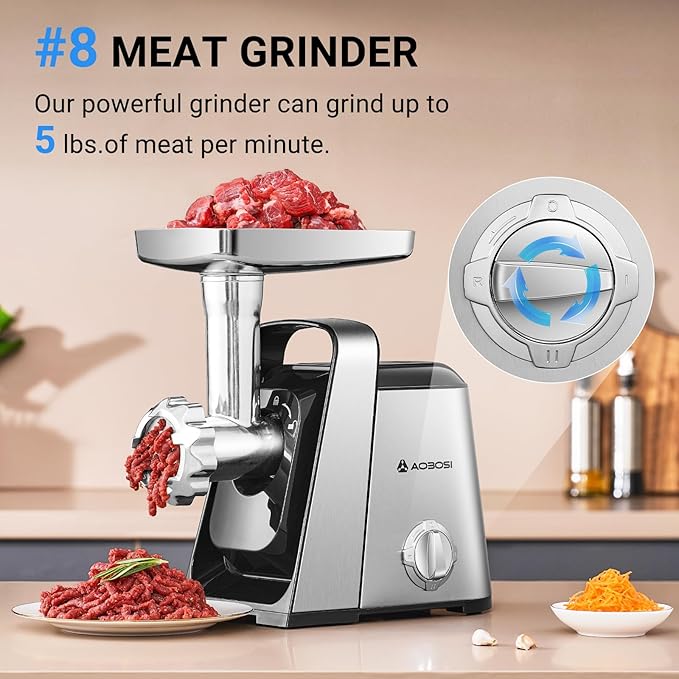 AAOBOSI #8 Meat Grinder, 6-In-1 Meat Grinder Electric [3000W Max] with 4 Slice, Shred Blades,2 Grinding Blades,4 Plates, 3 Sausage Stuffer,Kubbe Kit, Burger Press, 2 Meat Claws, for Home Kitchen Use