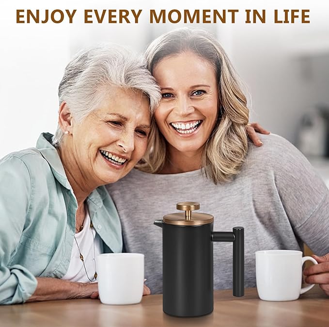 Black Stainless Steel French Press Coffee Maker, Double Wall Insulated French Press,for Coffee&Tea,with 3 Extra Screens and a Coffee Spoon,34oz/1000ml,Gold