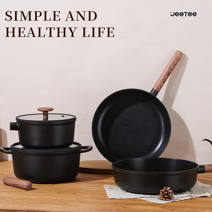 JEETEE Ceramic Cookware Set, 13 Pcs Pots and Pans Set Nonstick with Rotation Removable Handles, Healthy Non-Toxic Cooking Set for All Stoves, Stackable Pots Pans, Oven Safe, PFOA/PFOS Free, Black