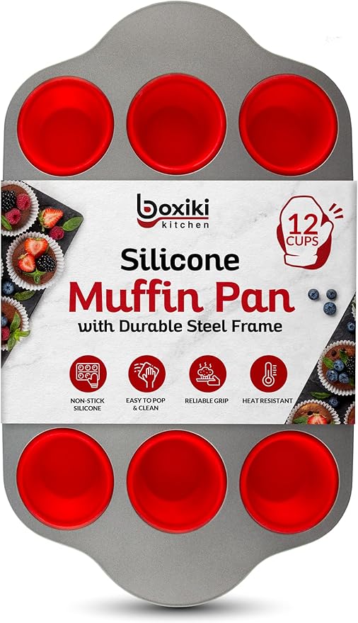 Boxiki Kitchen Non-Stick 12 Cup Silicone Muffin Pan With Steel Frame - BPA Free, Non-Toxic, Anti-Warp, Durable & Easy to Pop Silicone Muffin Tin - Perfect Cupcake Pan
