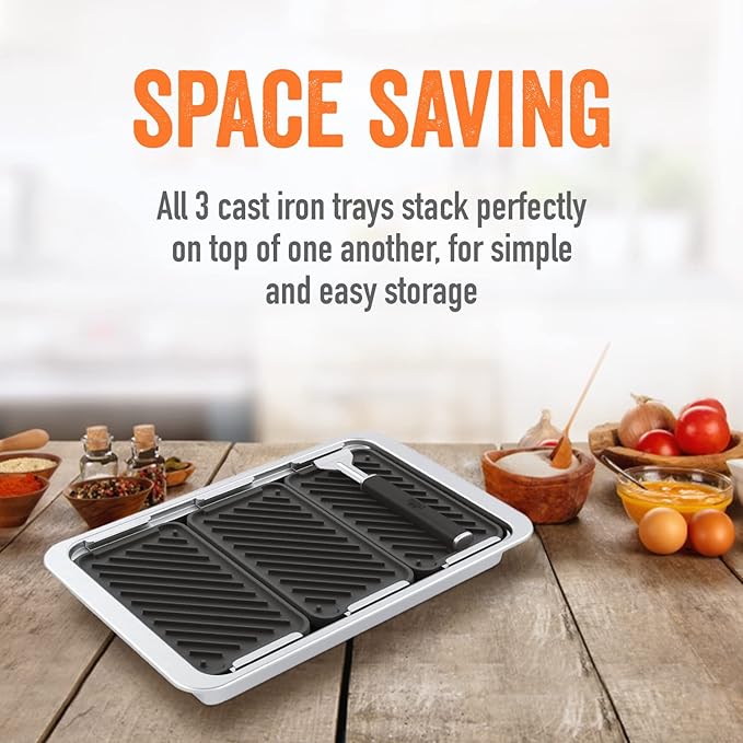 Yukon Glory Sear 'N Serve Cast Iron Grill Pan Set, 3 Cast Iron Grill Baskets with Serving Tray & Clip-On Handle, for Stovetop or Outdoor Grills