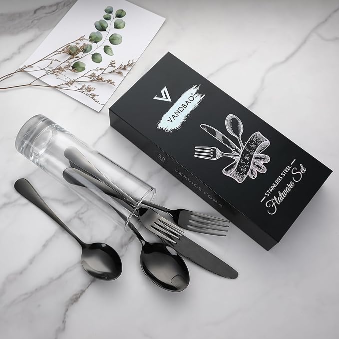 VANDBAO Black Flatware Cutlery Silverware Set 20 Pieces, Stainless Steel Colorful Utensils, Tableware Set Service for 4, Include Knife/Fork/Spoon, Reusable, Mirror Polished, Dishwasher Safe