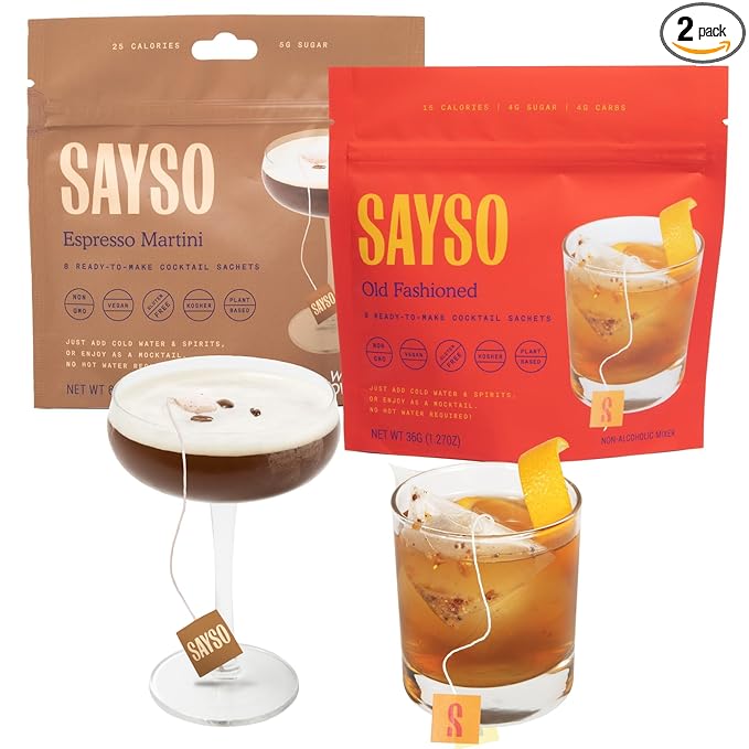 SAYSO Espresso Martini & Old Fashioned Cocktail Tea Bags - Instant Cocktail or Mocktail Mixers - No Hot Water - Professionally Crafted - Home Bar - Organic Ingredients, 16-Pack