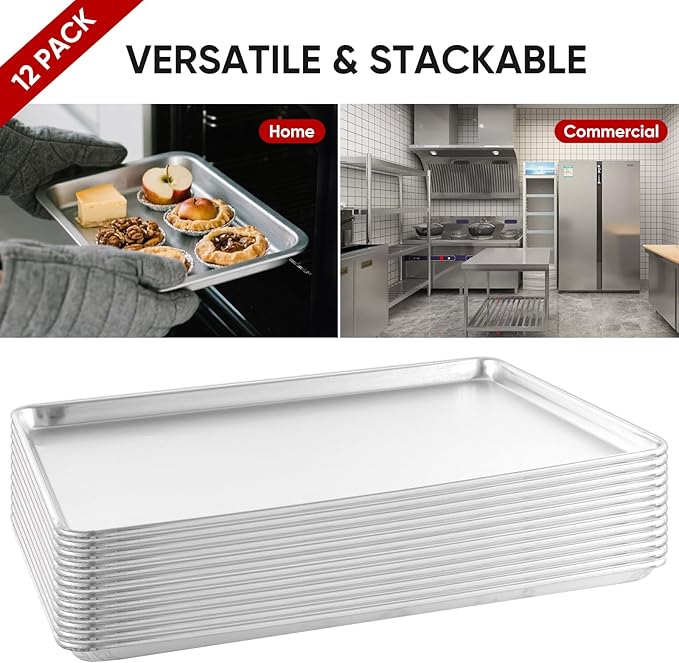 TENUP 12 Pack Aluminum Full Sheet Pan, 26" x 18" Heavy Duty Commercial Baking Tray Reinforced Rim, Warp-Resistant Rust-Free