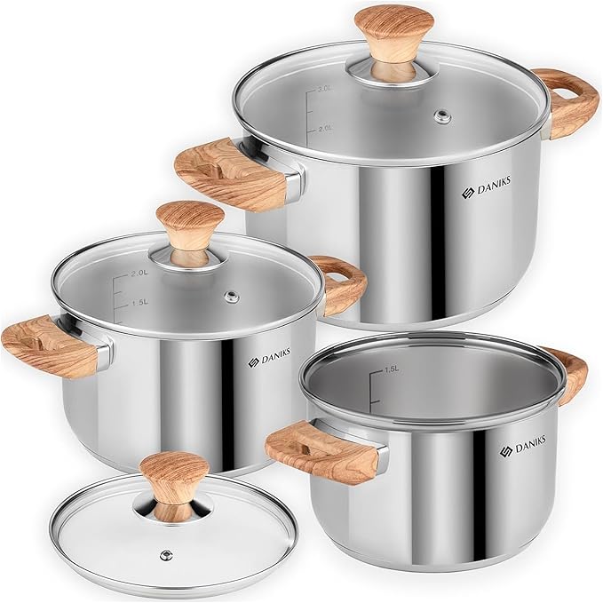Daniks Oslo 6-Piece Stainless Steel Induction Cookware Set – Dishwasher Safe Pots with Heatproof Handles, Glass Lids, Silver