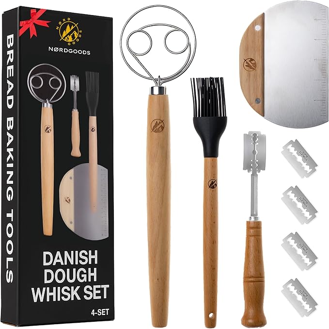 Danish Dough Whisk Stainless Steel Set 4PCS – Dough Hook 13'', Sourdough & Bread Making Tools Kit – Includes Wooden Bench Scraper, Bread Lame & Pastry Brush – Top Sour Dough Tools for Baking