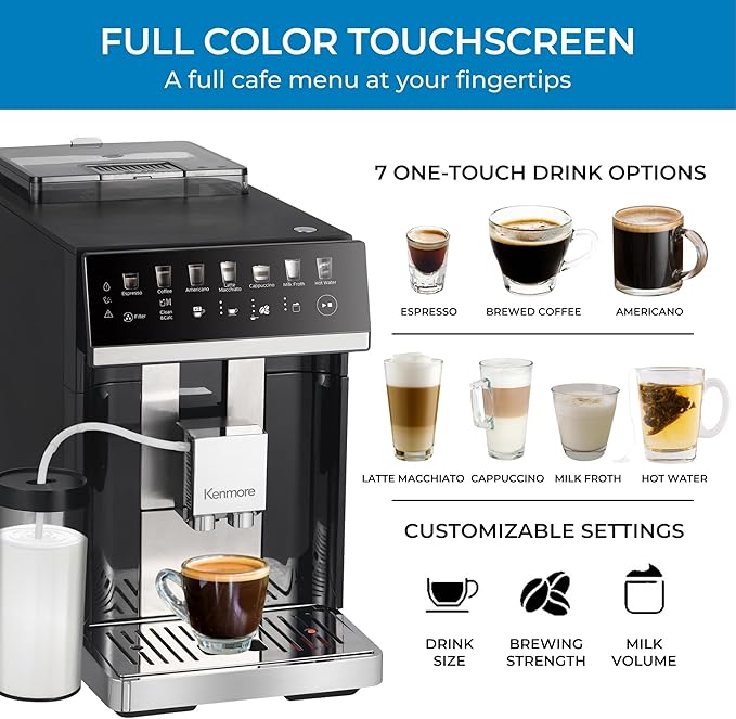 Kenmore Fully Automatic Coffee Maker - with Grinder, Milk Frother & Steamer, Auto Tamper, Descaler Expresso Machine, cafeteras electricas modernas machines For Home/Office Black