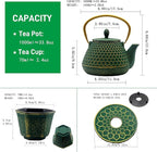 YJX Cast Iron Teapot and Cups Set, 33.8oz Hexagon Pattern Tea Pot Enameled Interior, Tea Kettle for Stovetop, Japanese Teapot Set with Teacups for Adults, Green Kettle with Infuser for Loose Leaf
