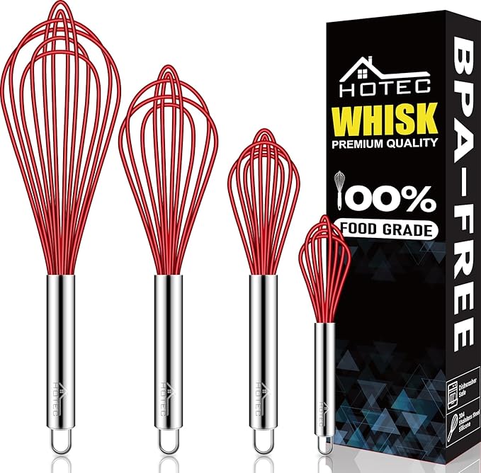 HOTEC 4 Pieces Silicone Whisks Set, Wire Balloon Whisks Egg Beater, Non-slip Handle Whisk for Non-stick Cookware Perfect for Cooking, Stirring, Beating and Blending (Red)