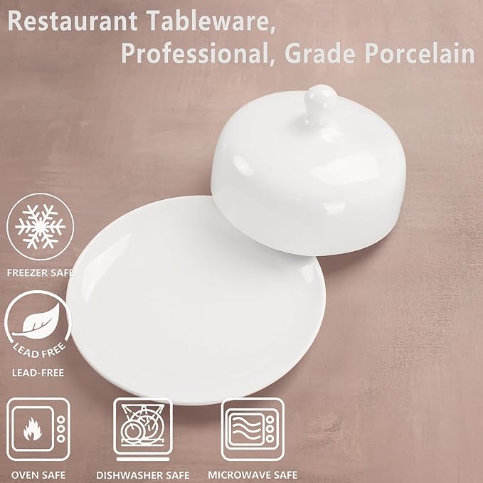 jingsongdafa Butter dish with lid, white porcelain dome cheese dish with handle, separate small butter tray, cute ceramic dessert serving bowl, suitable for dining table, countertop, refrigerator