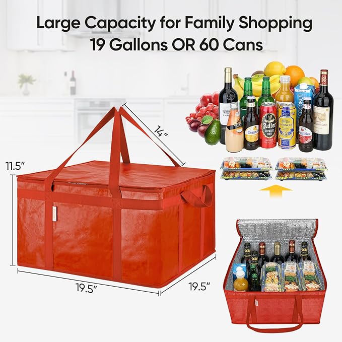 BALEINE 2Pk Insulated Reusable Grocery Bags, Collapsible Cooler Bag for Groceries, Heavy Duty Large Insulated Bag (19.5''x19.5''x11.5'', Bright Red)