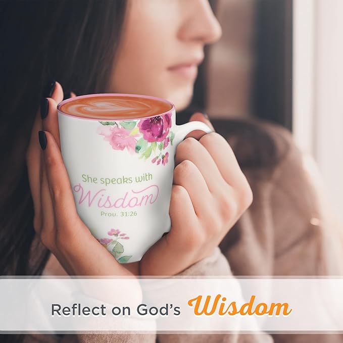Christian Art Gifts Inspirational Ceramic Coffee & Tea Scripture Mug for Women: She Speaks with Wisdom Bible Verse, Microwave & Dishwasher Safe Drinkware, Multicolor Floral, White & Dark Pink, 12 oz.