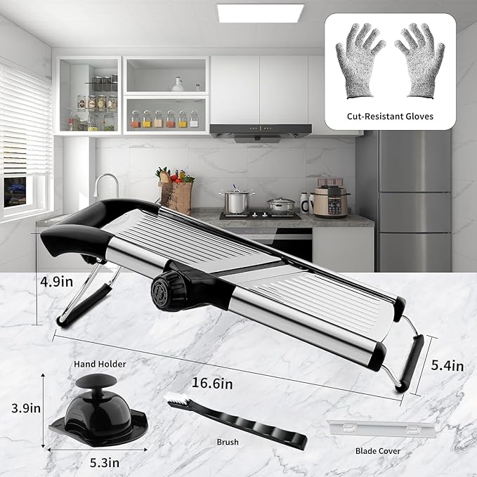 VEKAYA Mandoline Slicer, Mandoline Slicer for Kitchen, Adjustable Mandolin, Stainless Steel Mandoline, Vegetable Slicer, Potato, Onion, Cucumber, Tomato, Veggie Slicer with Cut-Resistant Gloves