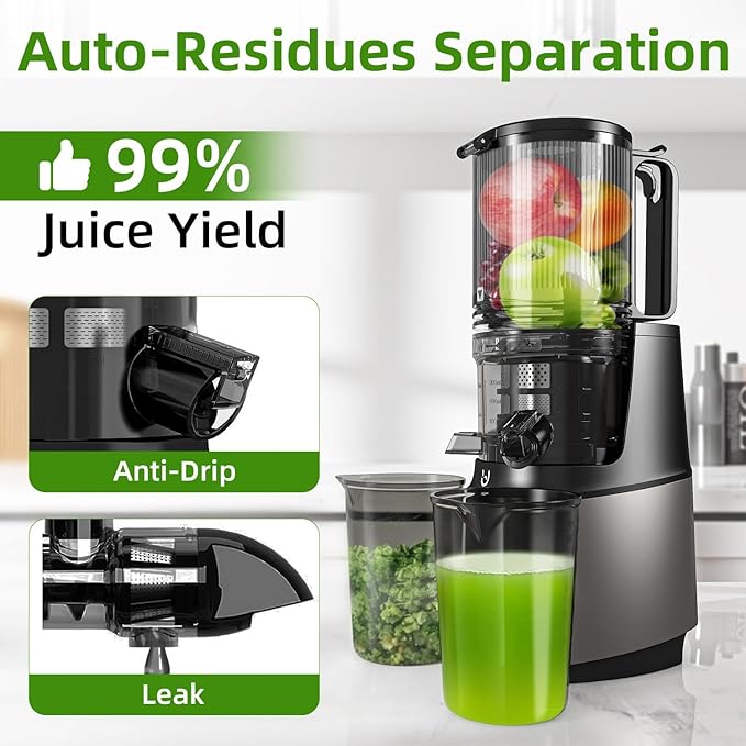 Cold Press Juicer, 5.3" Wide Feed Chute Juice Extractor Machine with 400W, High Juice Yield, Slow Masticating Juicer for Whole Vegetables & Fruits, Grey