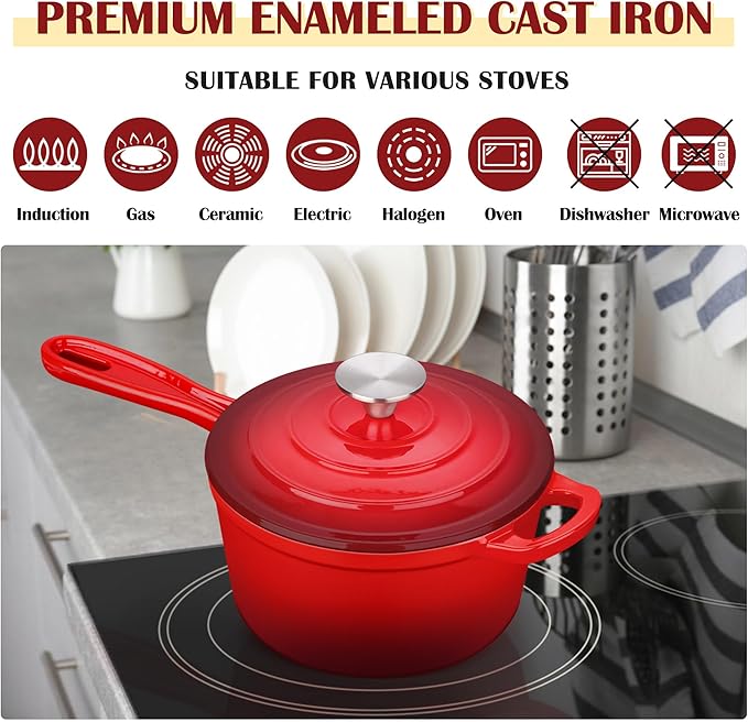 E-far Enameled Cast Iron Sauce Pan, 2 Quart Dutch Oven Saucepan with Lid, Small Sauce Pot for Cooking, Boiling, Healthy & Non Toxic, Induction & Oven Safe, Red