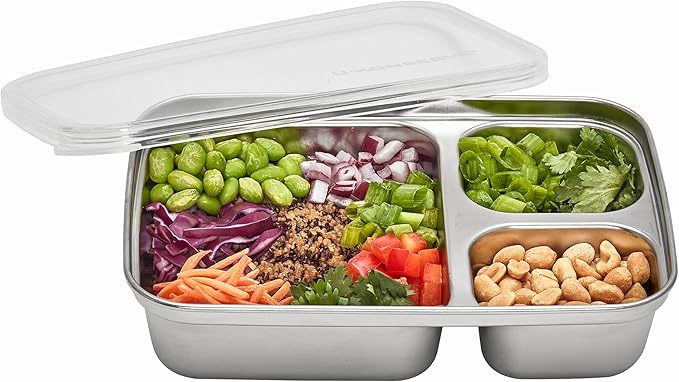 U Konserve Stainless Steel Rectangle Divided 3 Section Food Storage Bento Box Container, Leak Proof Silicone Lid Dishwasher Safe - Plastic Free, (24oz Clear)