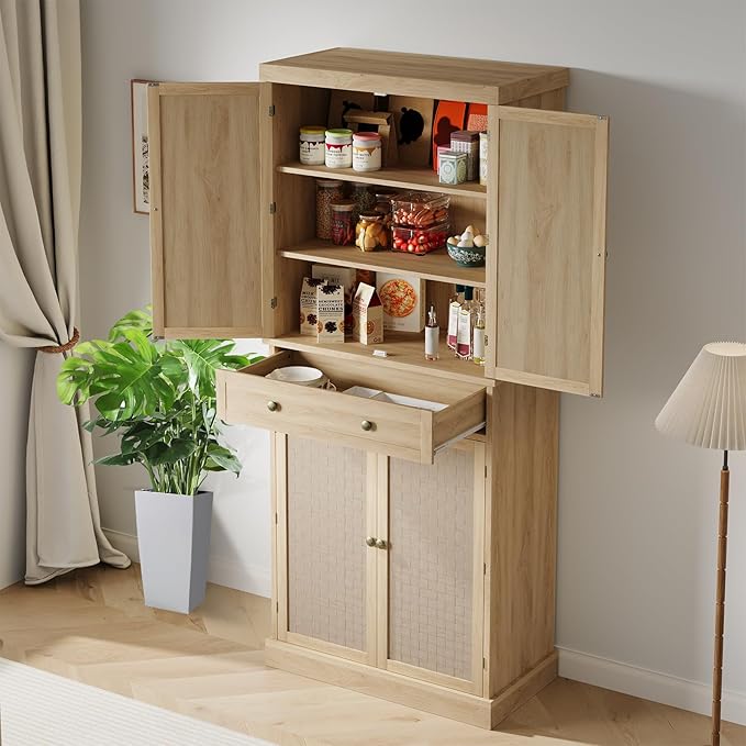 Garvee Pantry Cabinet, 72" Kitchen Pantry Storage Cabinet, Modern Farmhouse Kitchen Cupboard with Large Drawer, 2 Cabinets, 4 Adjustable Shelves, Freestanding Rattan Hutch for Dining Room Living Room