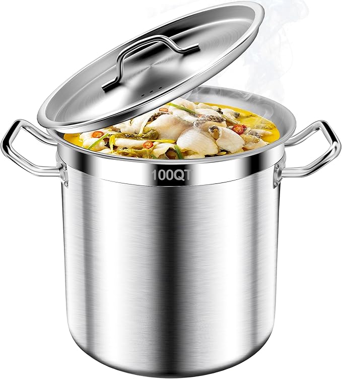 Stainless Steel Stock Pot,100 QT Large Stock Pot with Lid, Heavy Duty Tri-Ply Bottom Commercial Grade Stock Pots for Boiling Cooking Soup Stew Thick Bottom Big Stockpots, Deep Cookware