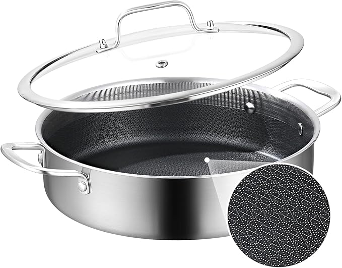 DELARLO Tri-Ply Stainless Steel 7QT Saute Pan With Lid Nonstick, 12 Inch Deep Frying Pan, Large Skillet, Cooker Pan,Dishwasher & Oven Safe