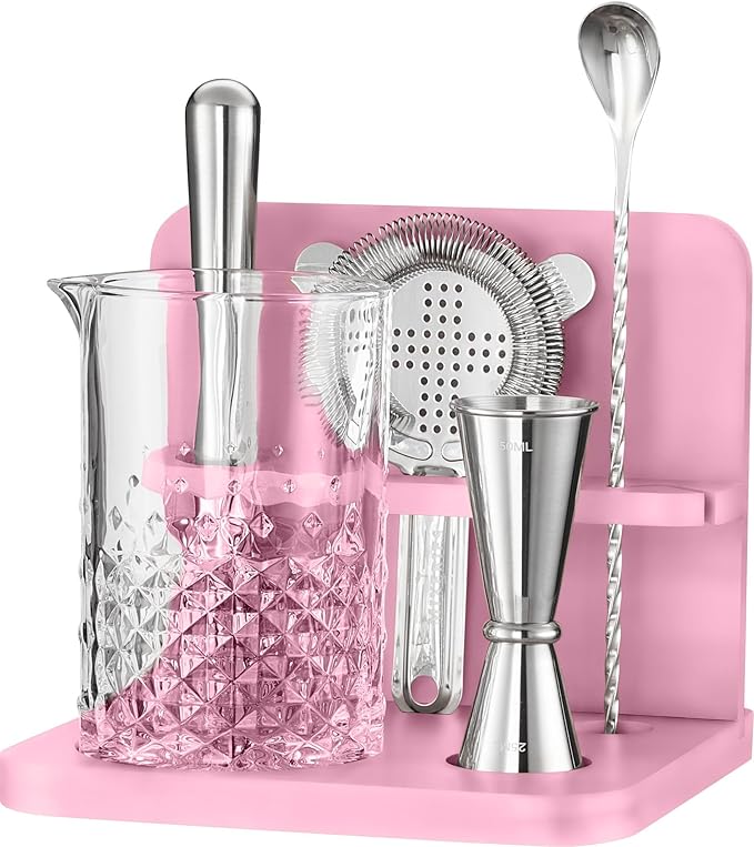 Crystal Cocktail Mixing Glass Set with Bamboo Stand - 22 Oz 650ml - Thick and Sturdy Bottom, Durable and Seamless Design with Bar Accessories, Pink