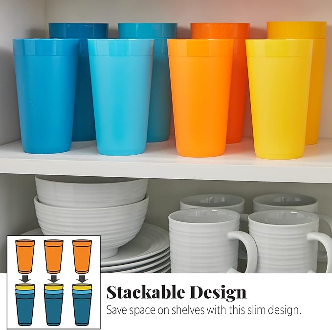US Acrylic Newport 20 ounce Unbreakable Plastic Stackable Water Tumblers in 4 Sunrise Colors | Set of 12 Drinking Cups | Reusable, BPA-free, Made in the USA, Top-rack Dishwasher and Microwave Safe